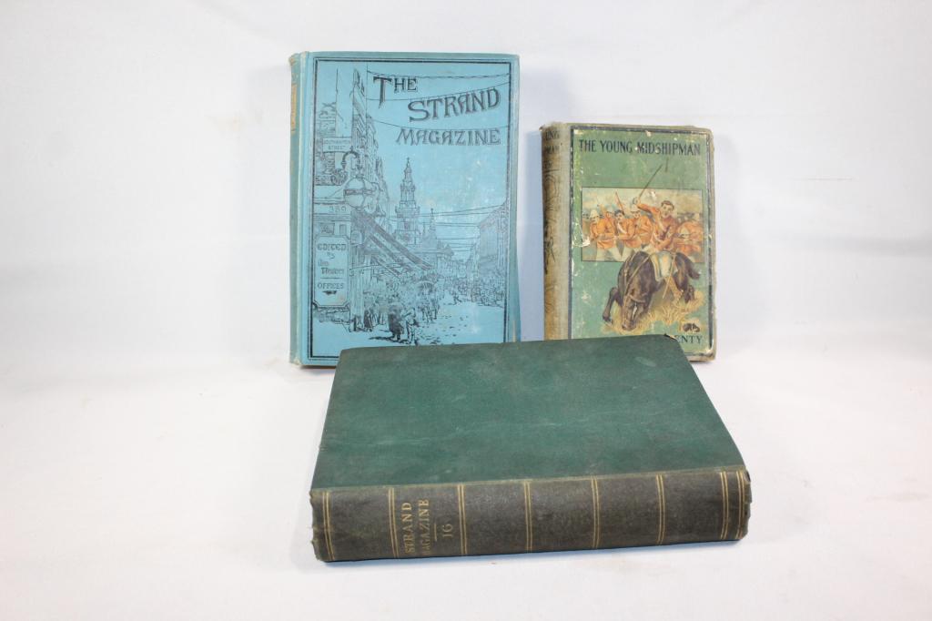 3 PC. BOOK LOT- STRAND MAGAZINE VOL. XV & XVI ETC: STRAND MAGAZINE HC VOL XV ~ JAN TO JUNE 1898 ~ EDITED BY GEO NEWNES STRAND MAGAZINE HC VOL XVI ~ JULY TO DEC 1898 ~ EDITED BY GEO NEWNES HB BOOK: THE YOUNG MIDSHIPMAN BY G A HENTY C 1900 USED CONDITIO