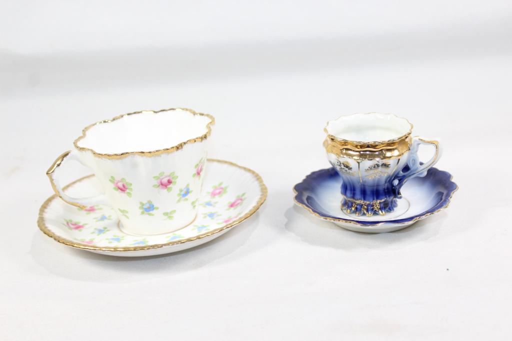 4 PC. TEA CUP & SAUCER LOT- BONE CHINA, ETC: VINTAGE SALISBURY ENGLISH BONE CHINA GOLD GILT PINK ROSE RUFFLED TEA CUP SAUCER! BLUE WHITE & GOLD COLORED CHINA TEA CUP MARKED GERMANY- NO VISIBLE CHIPS OR CRACKS. AS PICTURED