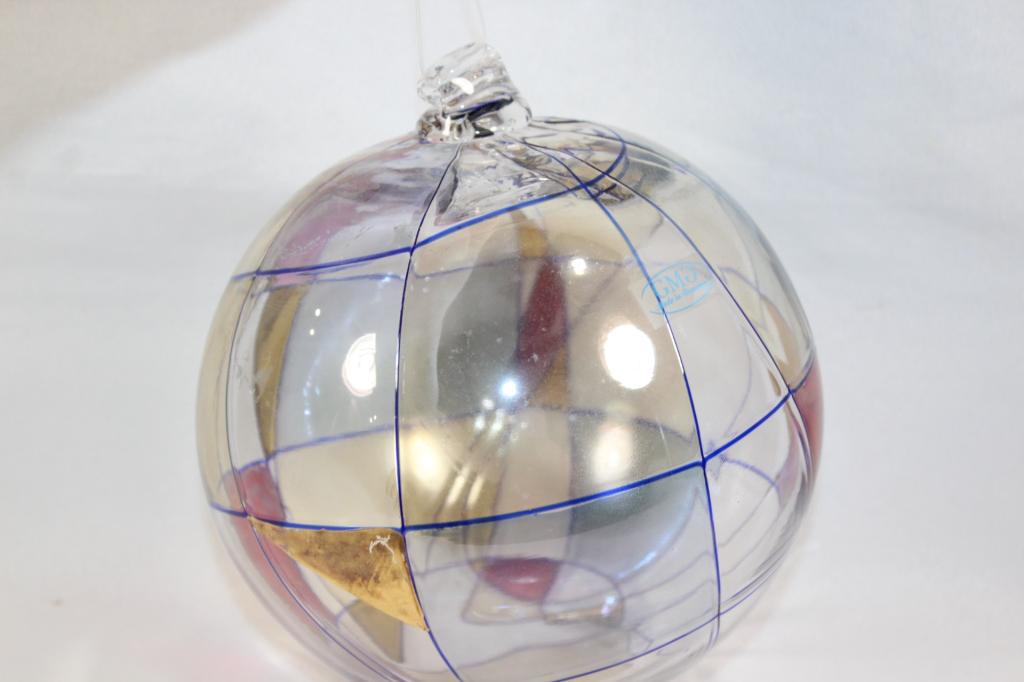 MILANO ROMANIAN CRYSTAL HANGING ORNAMENT: ORNAMENT SUN CATCHER LEAD FREE CRYSTAL HAND BLOWN & PAINTED 24K GOLD RED BLUE MEASURES APPROX. 6.5 BY 7 INCHES. AS PICTURED