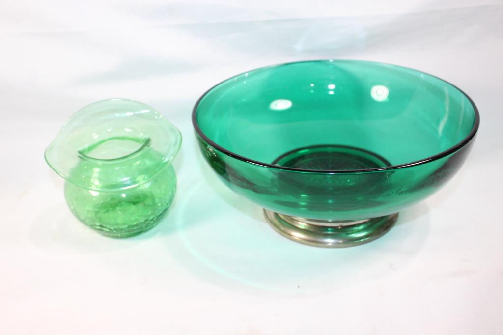 2 PC. GREEN GLASS LOT- VASE & SERVING BOWL (1 of 4)