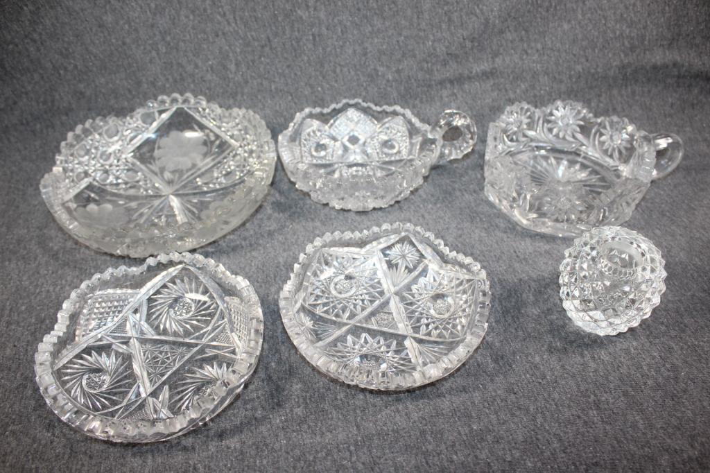 6 PC. CUT GLASS LOT- BOWLS & CANDLE STICK HOLDER (1 of 6)