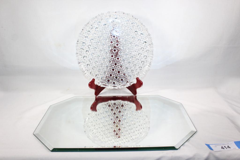 2 PC. DRESSER TOP GLASS TRAY & MIRRORED TRAY: MIRRORED TRAY MEASURES APPROX. 18 BY 12 INCHES. CUT GLASS TRAY MEASURES APPROX. 11 INCHES. AS PICTURED. NO VISIBLE CHIPS OR CRACKS. AS PICTURED