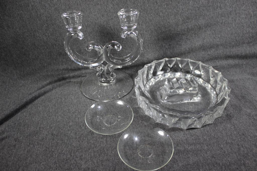 3 PC. MISC. GLASS LOT- CANDELABRA, ASHTRAY, ETC (1 of 4)