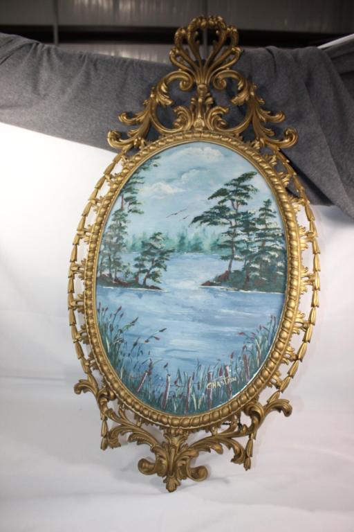 Painting on Mirror w/Ornate Frame Signed Chastain (1 of 5)