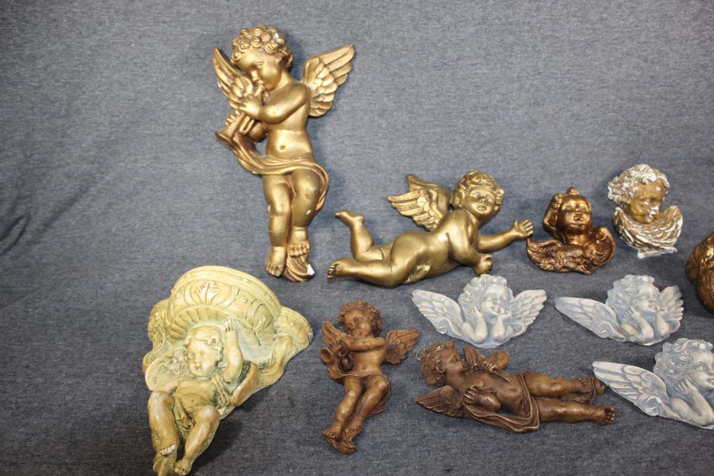 Variety Lot of Wall Hanging Cherubs: Cherub Wall Shelf, gold colored Cherub wall hangers, etc. Some chips and cracks. as pictured, one marked made in Italy