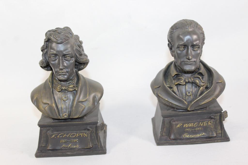 Pair Plastic Bust lot- Chopin & Wagner: F. Chopin Bust- no visible damage. R. Wagner bust- no visible damage both measures approx. 5 by 3 by 2.5 inches. as pictured