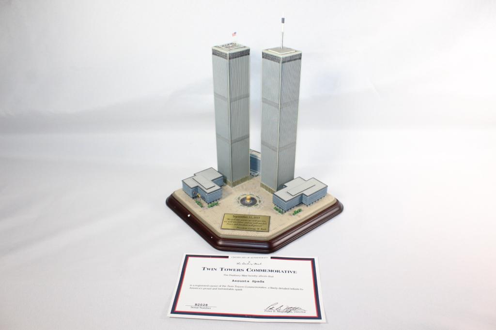 Danbury Mint Commemorative Twin Towers w/COA: Measures approx. 10 by 7 by 6.5 inches. w/ original box. & coa. as pictured