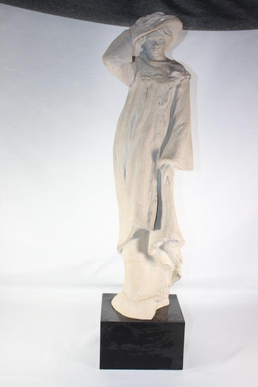 Vintage 1980 Austin Production Windblown Sculpture: Repaired base. Measures approx. 24 by 6 by 6 inches. as pictured