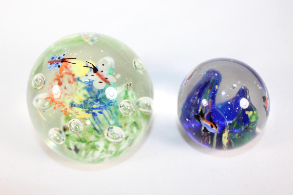 Pair Art Glass Paperweights- aquarium, etc. (1 of 3)