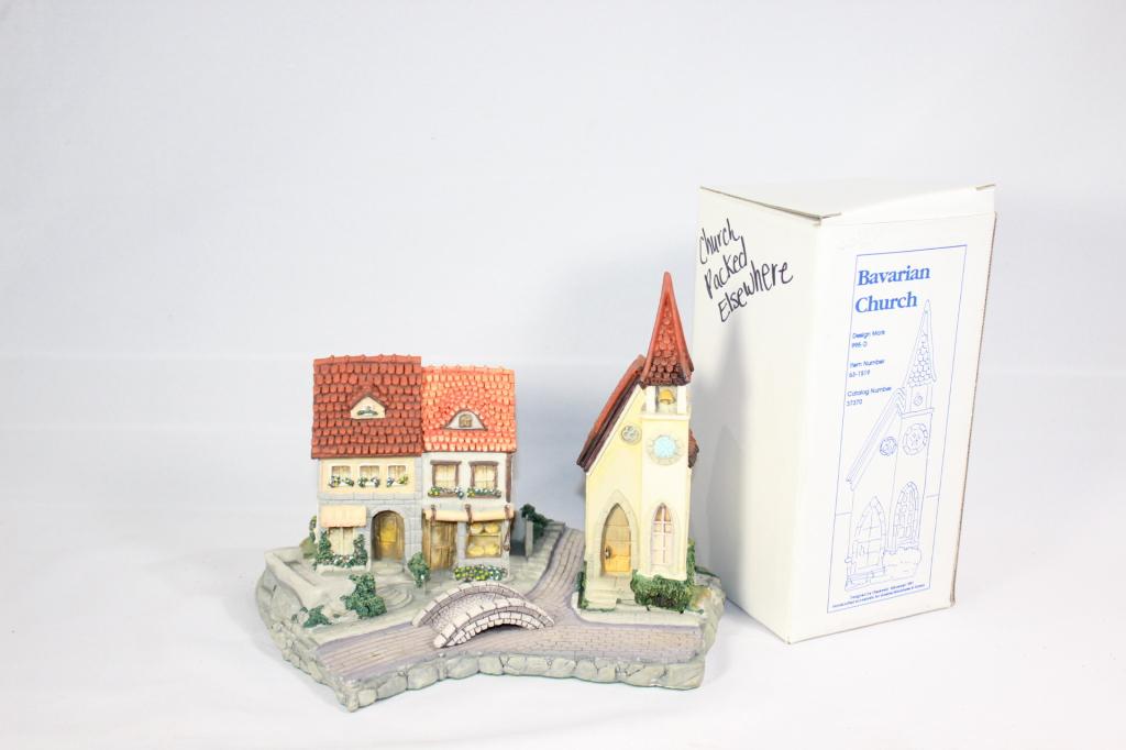 Goebel Kinder Way Bavarian Church, Base and Bridge: Includes Base 960-D, Church 995-D, and Bridge 963-D. Only the box for the church is included. No chips or cracks, but the bridge has some finish loss on the underside. Church measures about 7" tall.