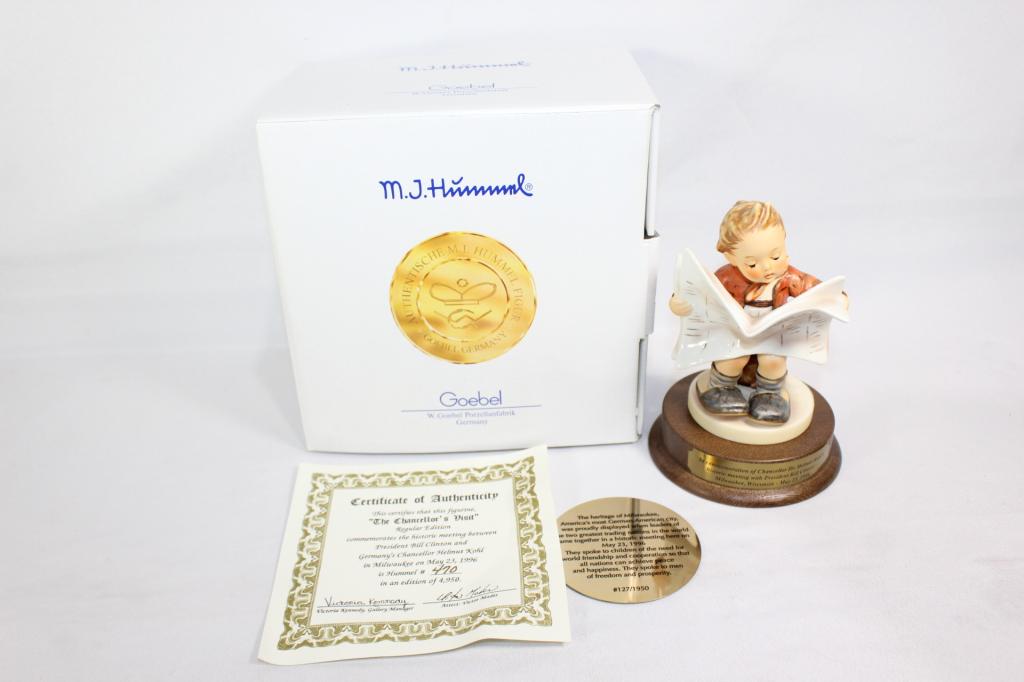 Goebel Hummel The Chancellor's Visit #184: Limited Edition "The Chancellor's Visit" Regular Edition #470 of 4950. Commemorates the meeting between President Bill Clinton and Germany's Chancellor Helmut Kohl. Measures about 5 1/8" tall. No chip