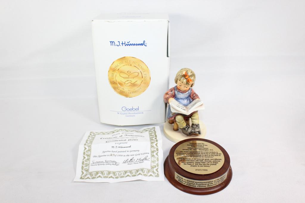 Goebel Hummel Bill Clinton Ed What's New? #418: Limited Edition Bill Clinton Inaugural Address 1997 w/ COA. # 127 of 1950. Measures about 5 1/8" tall. No chips or cracks. Made in Germany.
