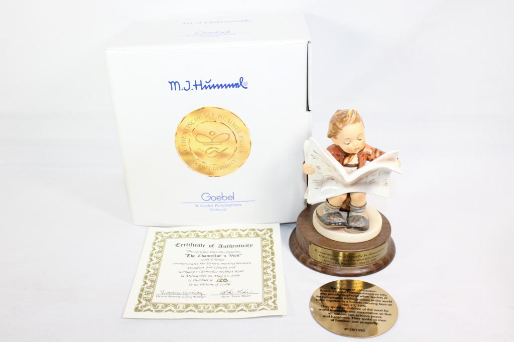Goebel Hummel The Chancellor's Visit #184: Limited Edition "The Chancellor's Visit" Regular Edition # 128 or 1950. Includes Box and COA. Measures about 5 1/8" tall. No chips or cracks. Made in Germany.