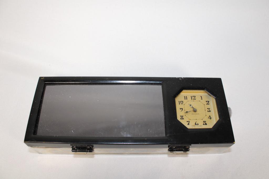 1930s Cigar Humidor with Clock - Works: meaures about 7 1/2 inches long by 3 inches wide by 1 1/2 inches tall