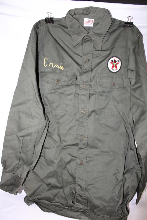 1960s Texaco Serive Station Shirt - Size 15 M: Green Long Sleeved Shirt - Embroidered Ernie, great overall condition; Label reads: Sanforized Unitog Union Made Size 15 Medium Unitog Co KC MO