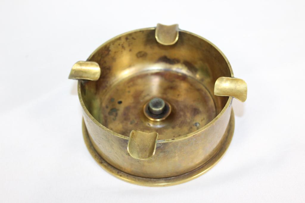 Vintage Trench Art Brass 105MM M14 Ashtray: Measures approx. 2 by 4.5 inches.