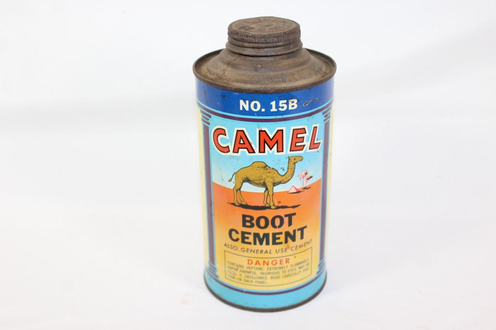 VTG Camel Boot Cement Metal Can - No. 15B: Camel Boot Cement and General Use Cement Cant No. 15B, measure about 7 1/2 inches tall
