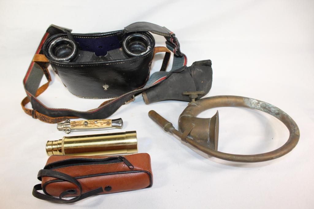 Pair of Binoculars / Car Horn / Knife: Binoculars in Case, Car Horn and knife