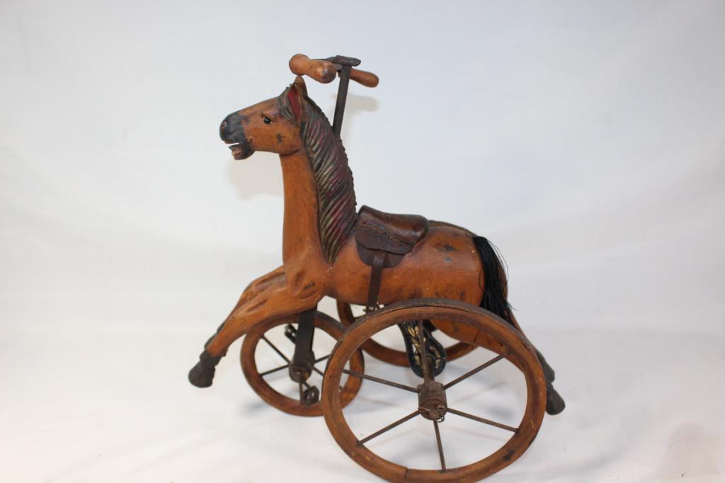 Carved Wood Horse Toy Tricycle - Nightingale: measures about 11 1/2 inches tall