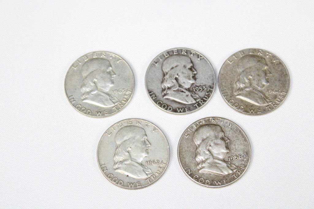 Lot of 5 Franklin Silver Half Dollars (1 of 2)
