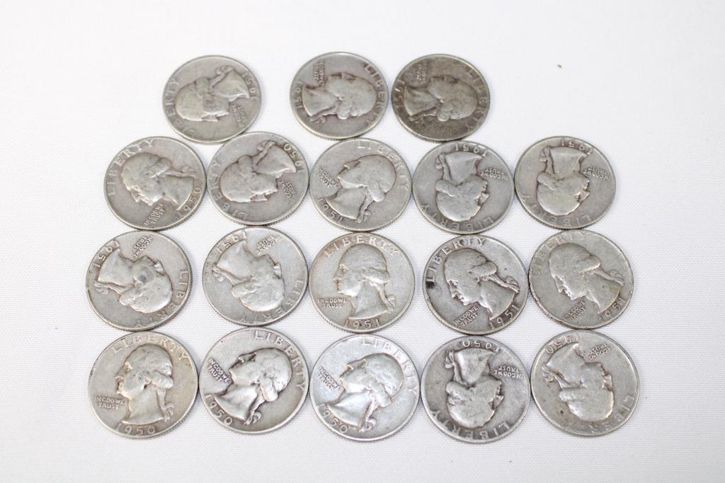 Lot of 18 1950 & 1951 Silver Quarters P/D/S (1 of 2)