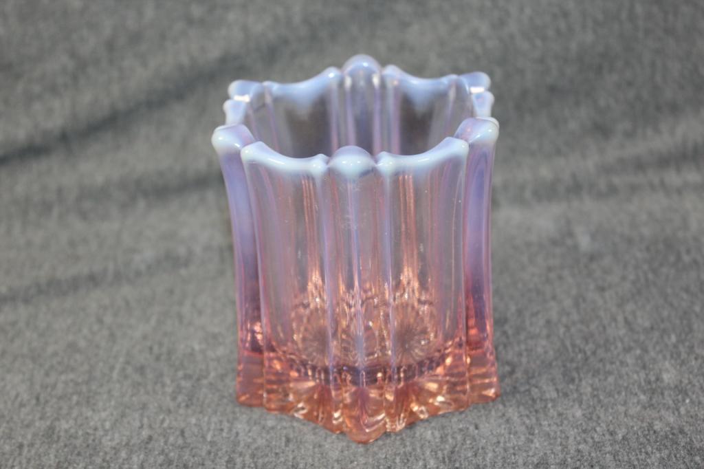 Fenton Glass Vulcan Pink Opalescent Candle Holder: measures about 4 inches tall by 4 inches diameter, no chips or cracks