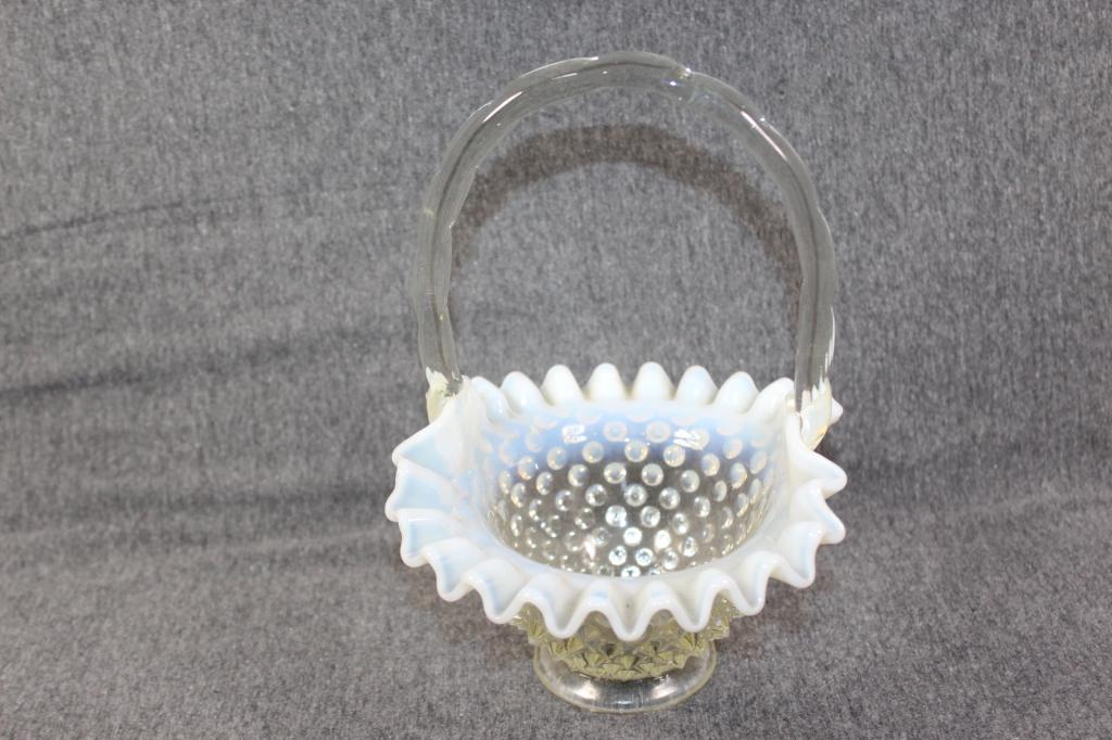 Fenton White Opalescent Hobnail Glass Basket: measures about 9 inches tall - no chips or cracks