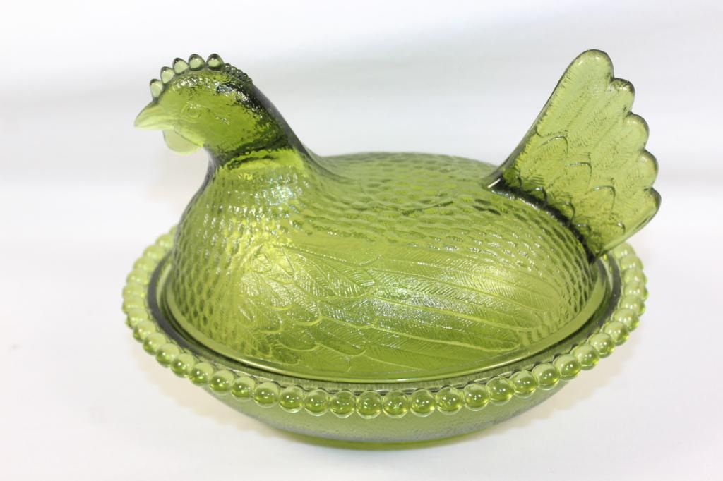 Light Green Glass Nesting Chicken: measures about 8 inches by 5 inches - no chips or cracks