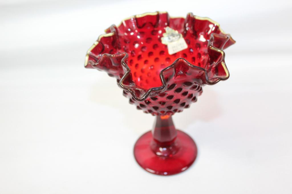 Fenton Red / Amberina Hobnail Ruffled Bowl: with original Fenton sticker measures about 6 inches tall, no chips or cracks