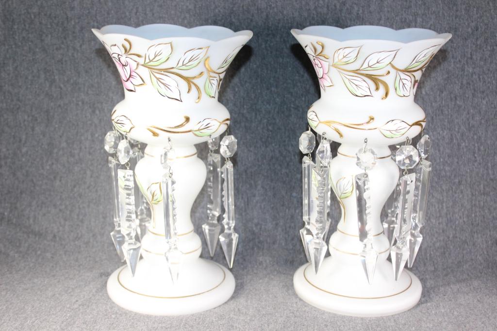 Antique Hand Painted Mantle Lusters with Crystals: measures about 9 3/4 inches tall - no chips or cracks