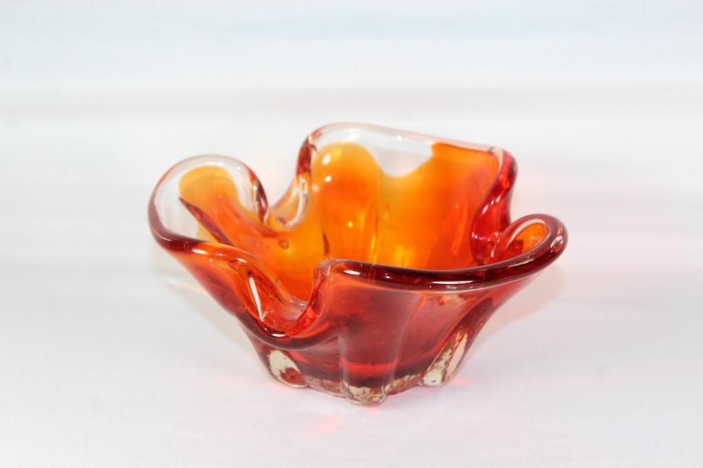 Orange Art Glass Hand Blown Ashtray: measures about 6 1/2 inches diameter and 3 1/4 inches tall, no chips or cracks