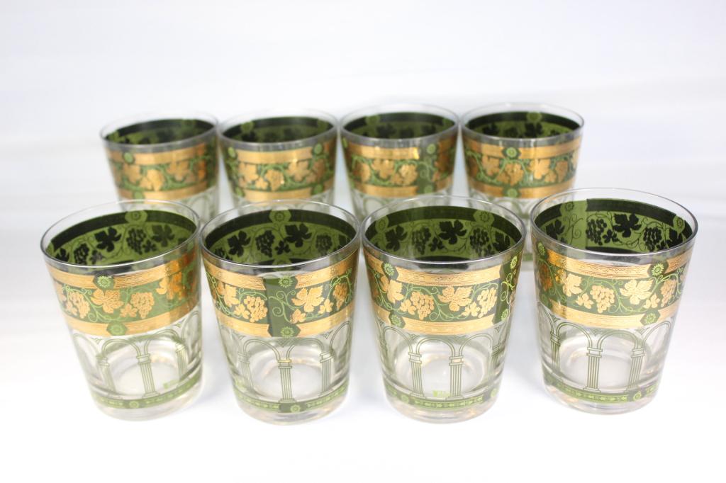 MCM Cera Green and Gold Grape Glasses: lot of 8 - good overall condition