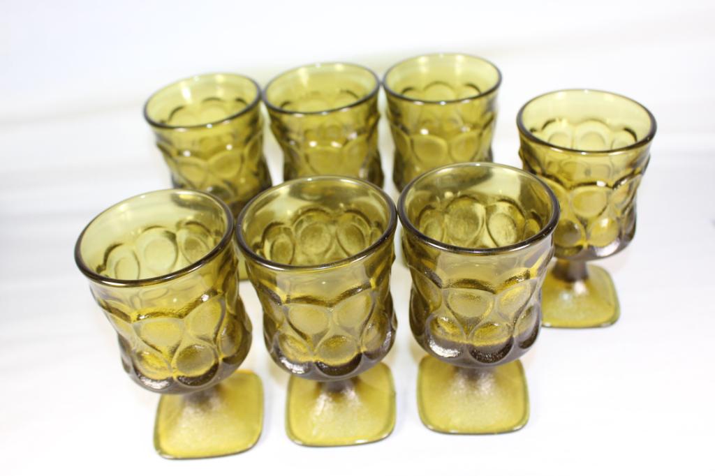 Noritake Olive Green Spotlight Goblets: set of 7 as pictured, no chips or cracks