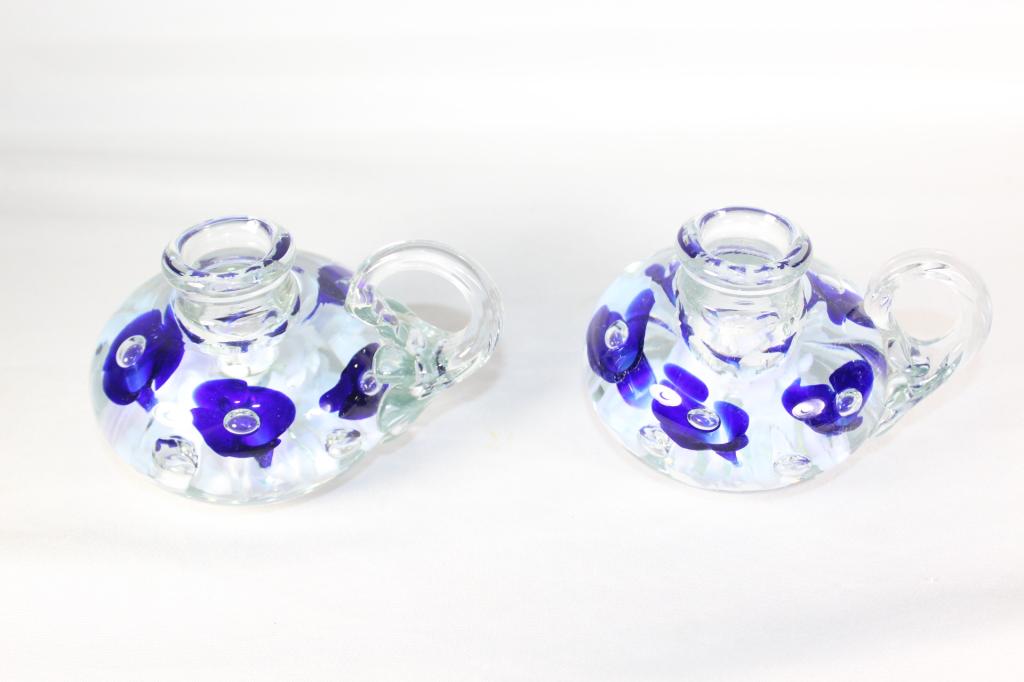 Pair of Art Glass Joe St. Clair CandleHolders: measures about 3 inches tall, no chips or cracks