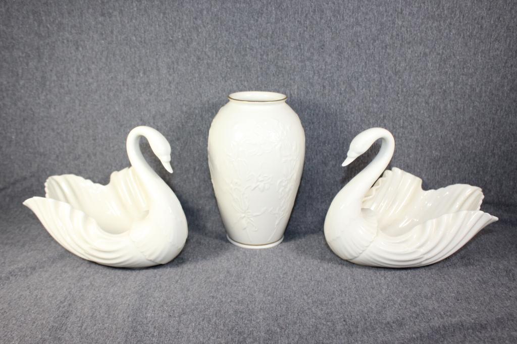 Trio of Lenox - 2 Swans and Vase: vase measures about 7 inches tall, swans measures about 9 inches by 6 inches
