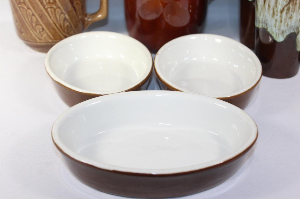 Lot of Drip Glaze Pottery - Glasses, Pitcher etc.: lot of 4 glasses, pitcher, casserole etc as pictured