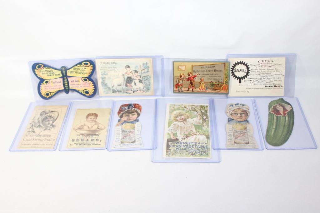 Lot of Advertising Cards / Heinz, Hoyt's etc.: Includes: Heinz Sweet Pickels, Hoyt's Cologne, Wrights Indian Vegetable pills, AW Myers Segars, Sapanule Cures, Oyster and Lunch Rooms, Charles Hall, Schomacker Gold String Piano, and Wrisleys Soap