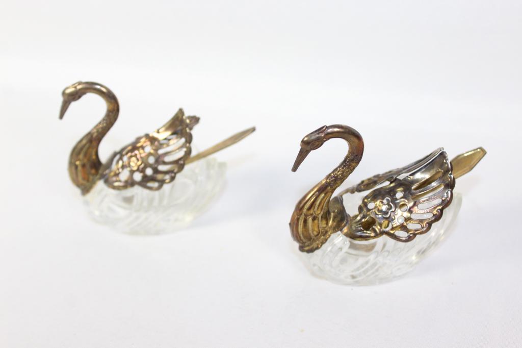 Pair of Swan Glass & Silverplate Salt Cellars (1 of 4)