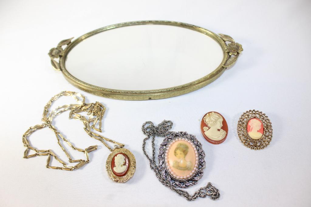 Mirror Dresser Tray with Cameo Jewelry: dresser tray measures about 10 1/2 inches by 5 1/2 inches wide, with Cameo pieces as pictured