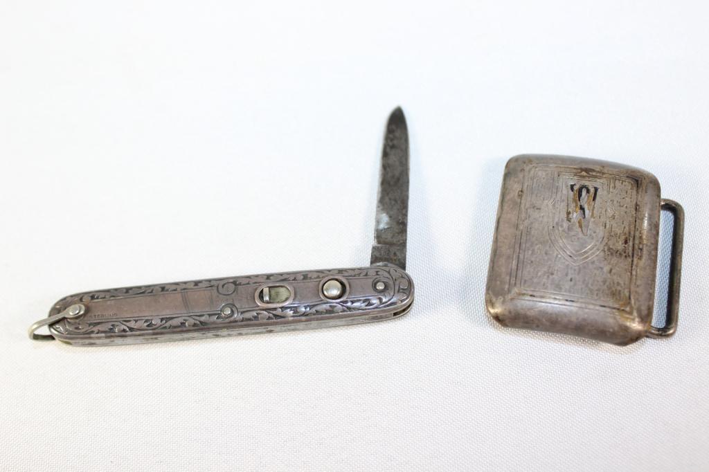 Hickok Plate Buckle/Schrade Sterling Folding Knife: Schrade Sterling Silver Folder Knife - NY - weighs about .78 troy ouces (includes blade)/ Plate monogrammed Buckle