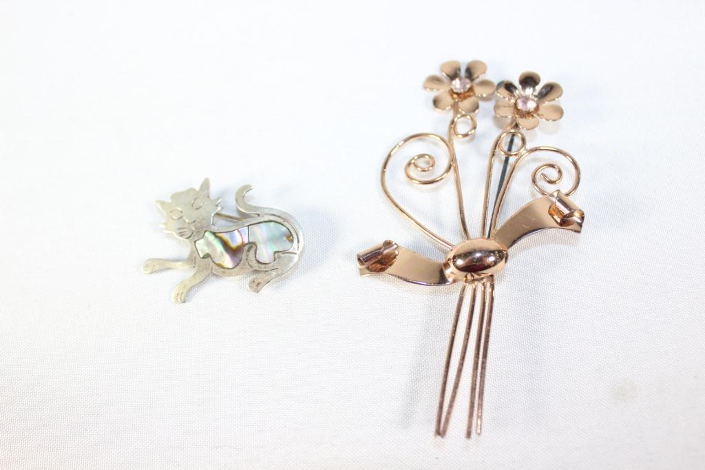 Pair of Sterling Silver Brooches - Cat / Flowers (1 of 2)