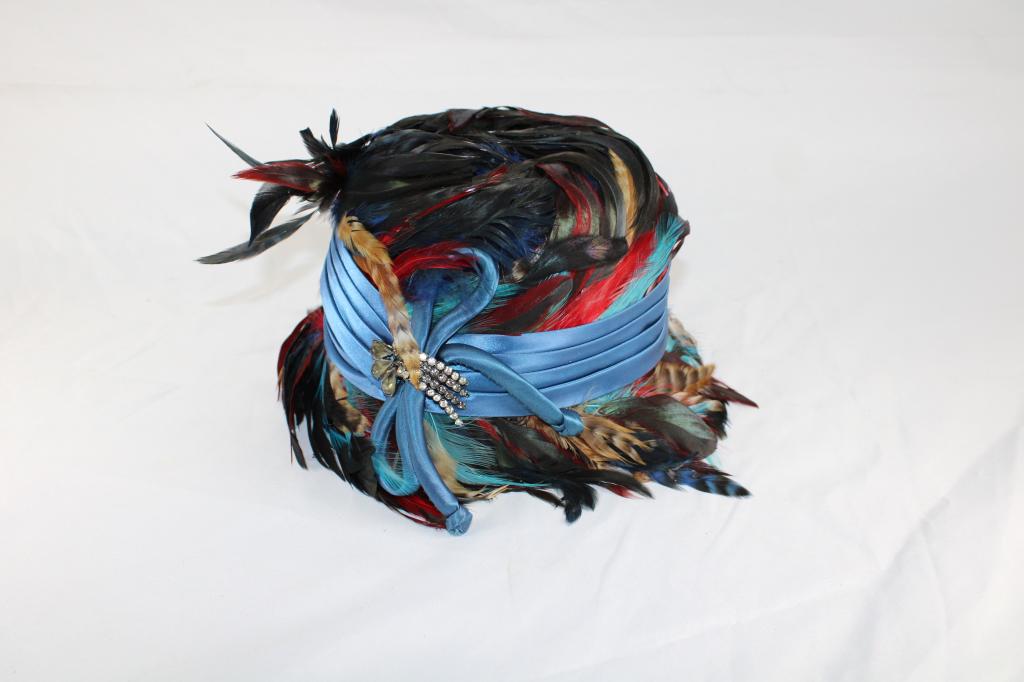 Vintage Multi-Colored Feathered Top Hat: Measures approx. 8 by 5.5 inches