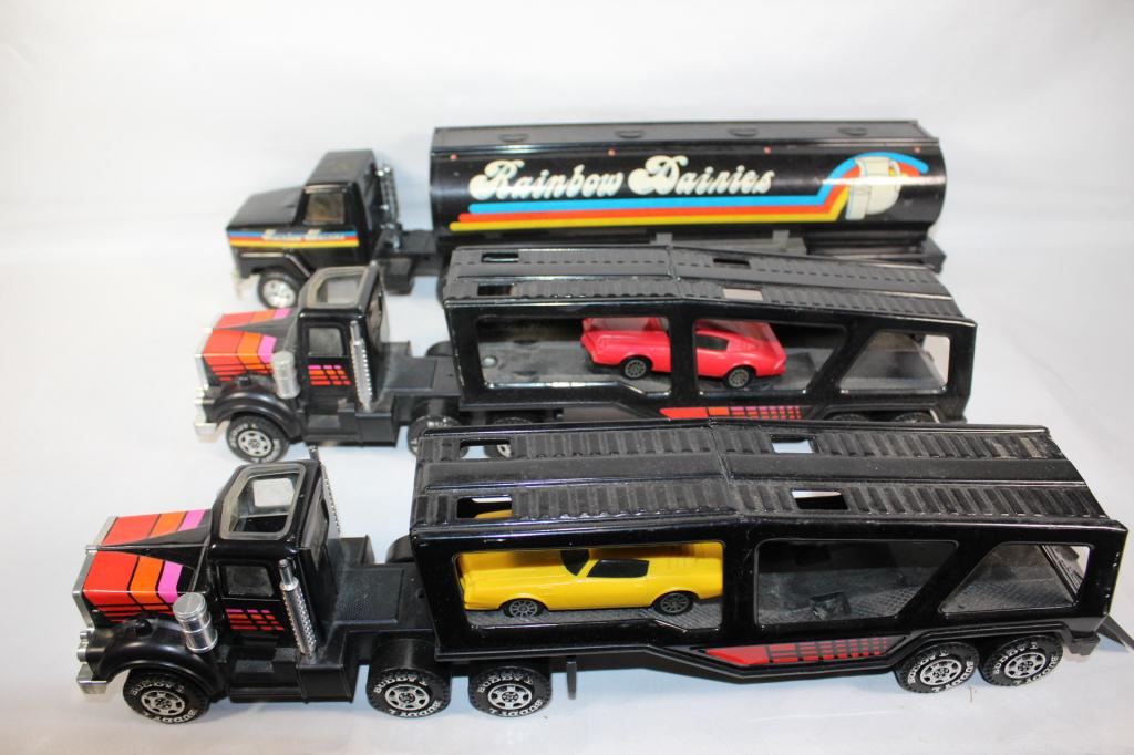 Trio Vintag Semi Trucks Rainbow Dairies/Car Carris: Buddy L - Car Carriers -measures about 15 inches long - dairy measures about 18 inches long