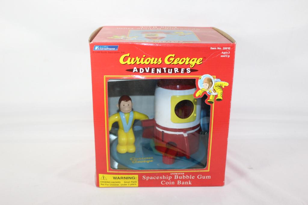 NIB Curious George Spaceship Bubble Gum Bank: 1999 - Spaceship Bubble Gum Coin Bank