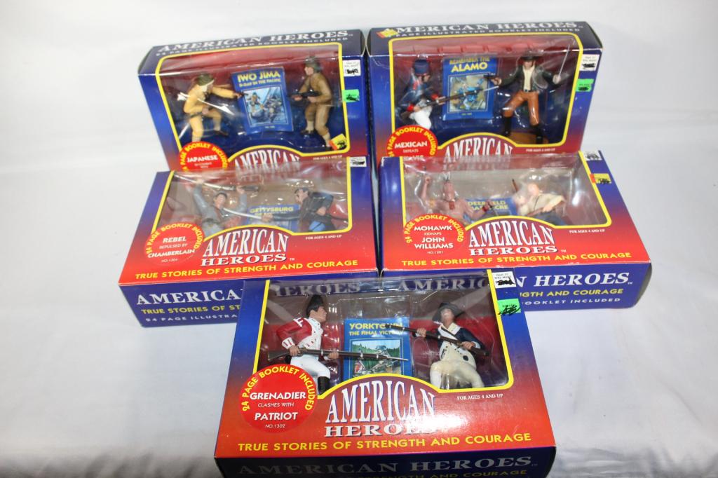 Lot of 5 - American Heros NIB Figurines / Booklets: Includes: MExican Defeats Travis; Japanese vs. US MArine; Mohawk vs John Williams; Rebel vs. Chamberlain; Grenadier vs. Patriot