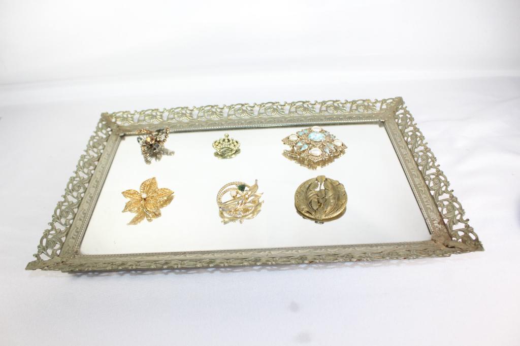 Lot of Brooches/Pins on Mirrored Tray: Includes: Sarah Coventry (pair) - others unmarked; tray measures about 14 1/2 inches by 9 1/2 inches