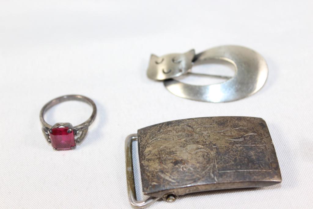 Lot of Sterling Silver- Buckle, Brooch, Ring (1 of 1)