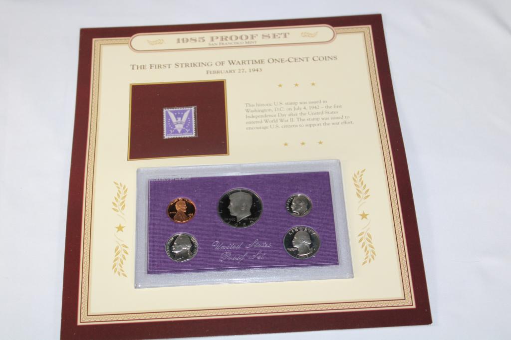 1985-S Coin Proof Set & Stamp: Features: Lincoln Penny, Jefferson Nickel, Roosevelt Dime & Kennedy Half Dollar; 3 cent Win the War stamp