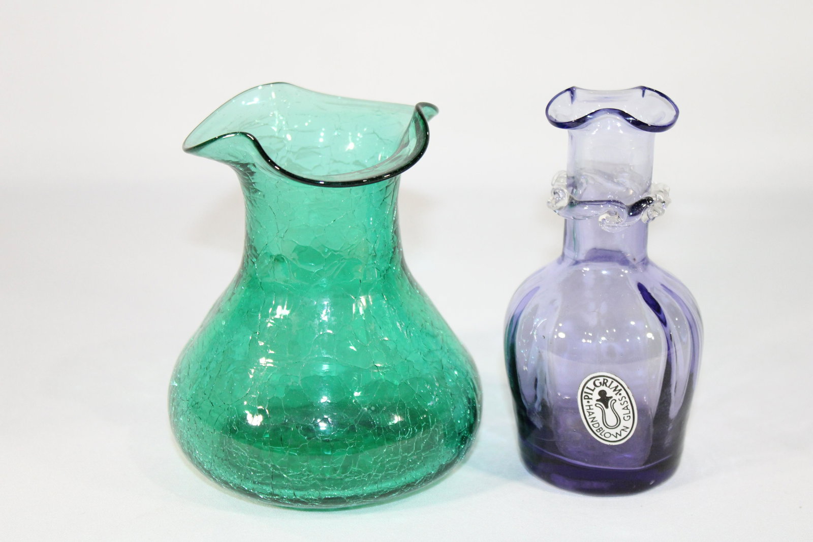 Rare Pilgrim Glass Tanzanite Vase / Green Crackle Vase: Pilgrim Glass with sticker, measures about 5 inches tall, no chips or cracks; Crackle Glass measures about 5 inches tall, no chips or cracks