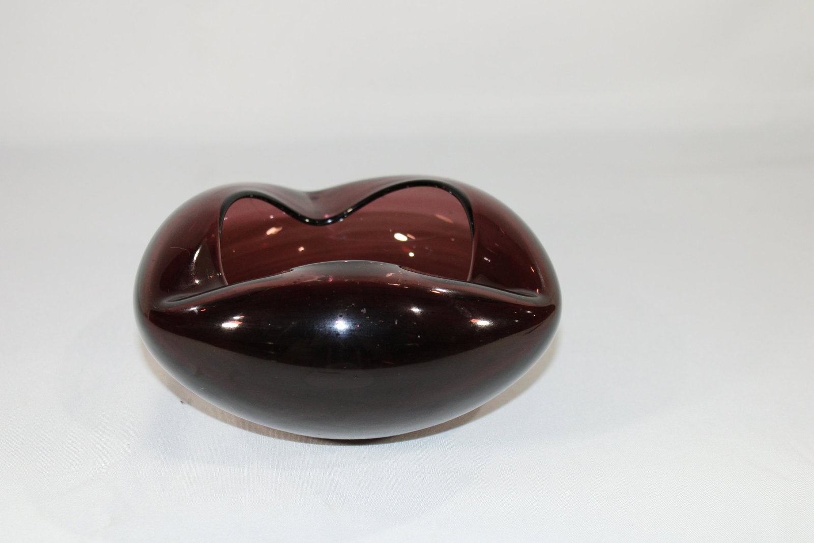 Handblown Amethyst Ashtray: Measures approx. 3 by 6.5 inches. no chips or cracks